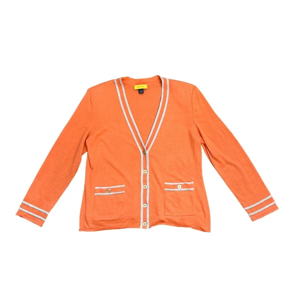 St. John vtg Orange santana knit Wool Blend Metallic Trim Cardigan Sweater XL
